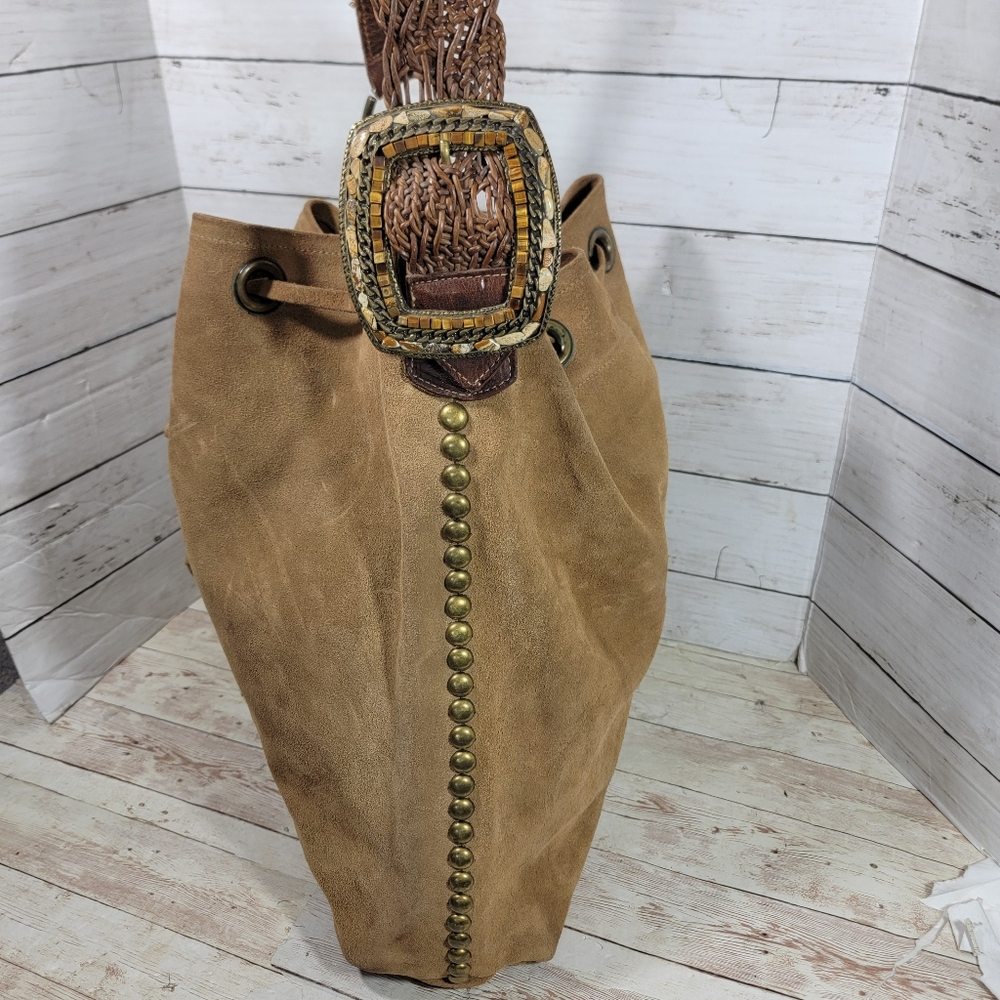 Leatherock Large  Studded Suede Bucket Hobo Handbag With Braided Strap - Picture 10 of 13